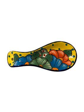Vintage Hand-Painted Talavera Mexican Pottery Spoon Rest Floral Design Mexico